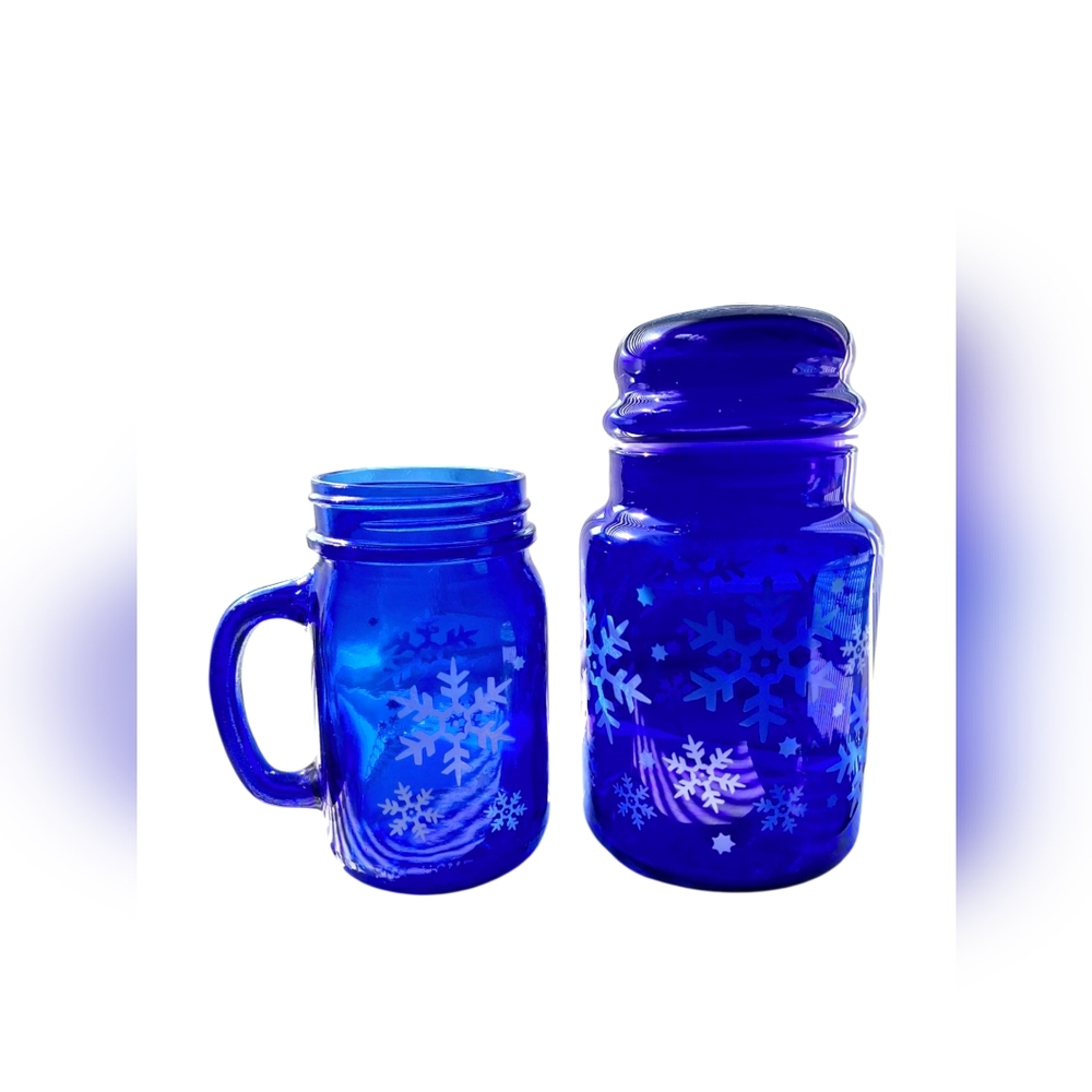 Vintage Cobalt Blue Snowflake Canister & Cup Set